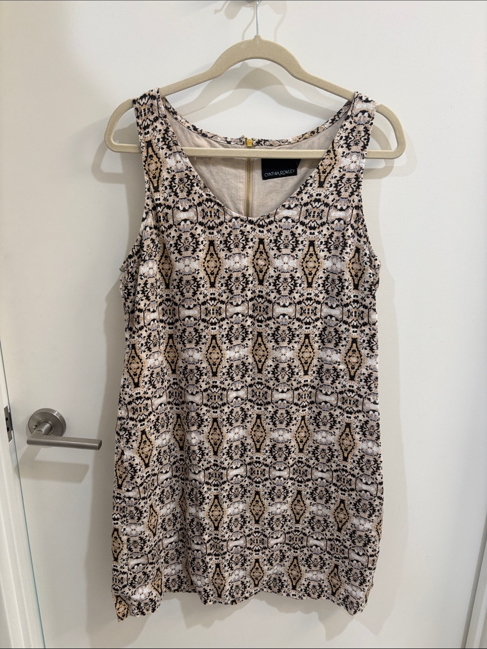 Cynthia Rowley Black, Beige and Tan Geometric Sleeveless Shift Dress
